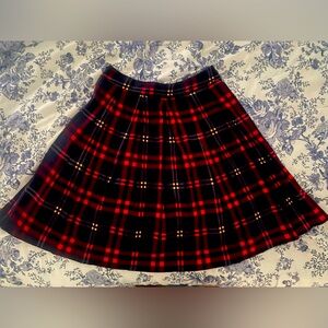 Navy Blue, Red and off white Plaid, A-line, unlined felt skirt.